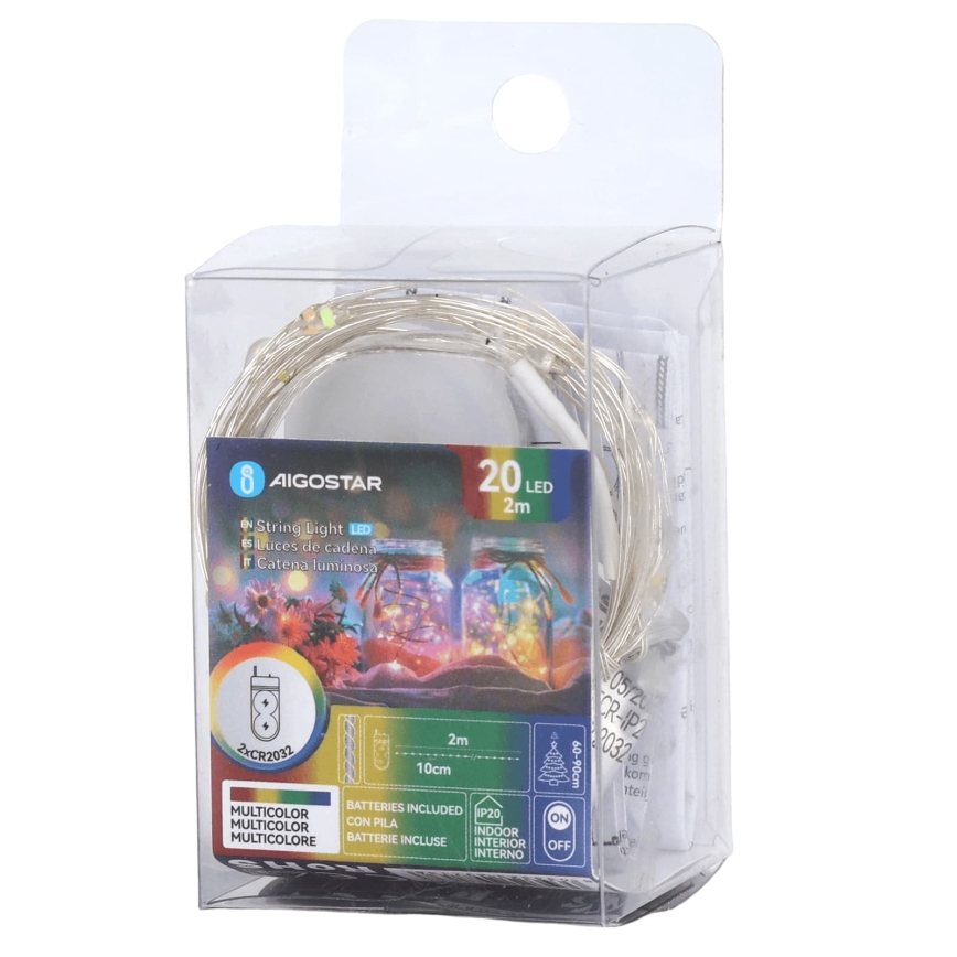 Aigostar - Guirlande LED de Noël 20xLED/2xCR2032 2m multicolore