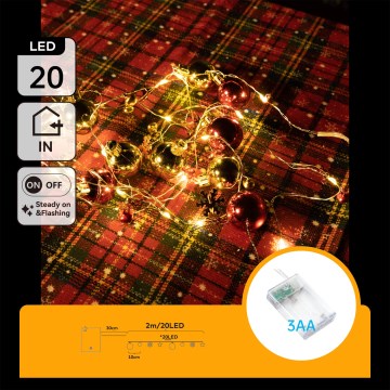 Aigostar - Guirlande LED de Noël 20xLED/3xAA 2m blanc chaud