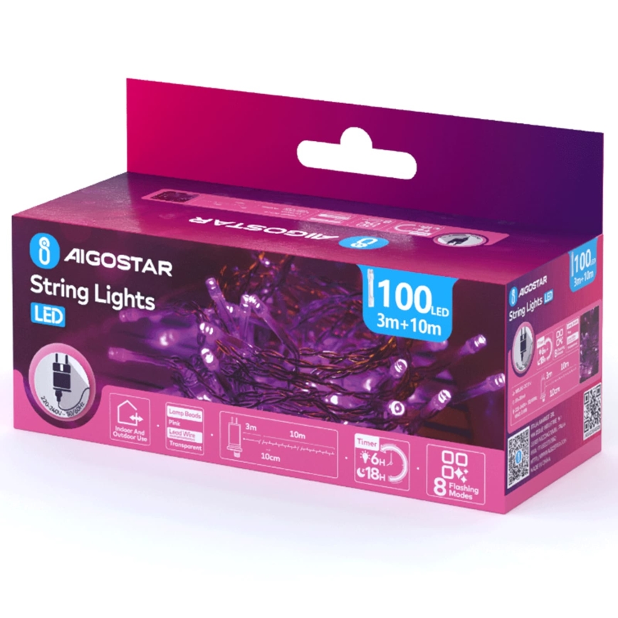 Aigostar - Guirlande LED de Noël d'extérieur 100 LED / 8 fonctions 13 m IP44 rose