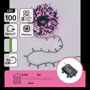 Aigostar - Guirlande LED de Noël d'extérieur 100 LED / 8 fonctions 3xAA 5,3 m IP44 rose