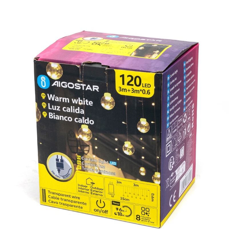 Aigostar - Guirlande de Noël LED d'extérieur 120 LED, 8 fonctions, 3 x 0,6 m, IP44, blanc chaud + télécommande