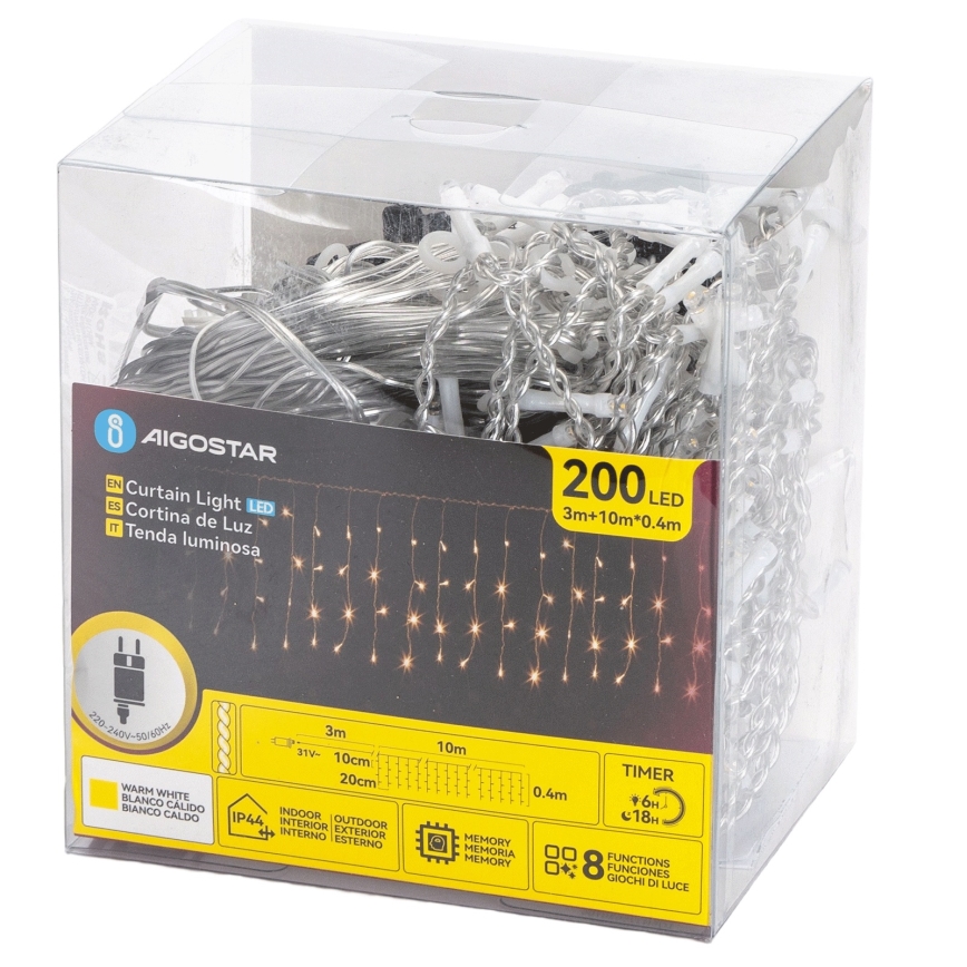 Aigostar - Guirlande de Noël extérieure à LED, 200 LED, 8 fonctions, 10 x 0,4 m, IP44, blanc chaud