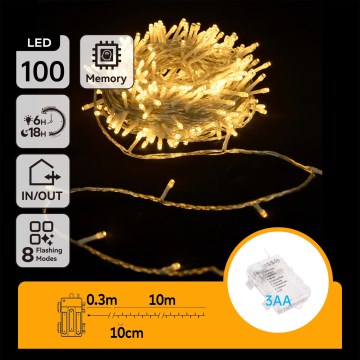 Aigostar - Guirlande LED d'extérieur 100 LED, 8 modes, alimentée par 3 piles AA, 10,3 m, IP44, blanc chaud