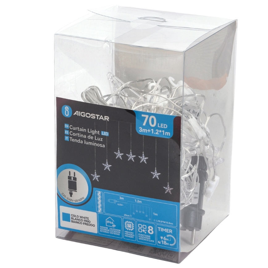 Aigostar - Guirlande lumineuse LED extérieure 70 LED 1,2×1 m IP44 blanc froid, motif étoiles