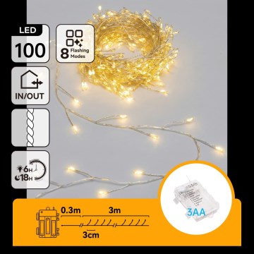 Aigostar - Guirlande LED d'extérieur de Noël 100xLED/8 fonctions 3xAA 3,3m IP44 blanc chaud
