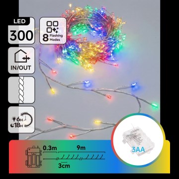 Aigostar - Guirlande LED d'extérieur pour Noël 300xLED/8 fonctions 3xAA 9,3m IP44 multicolore