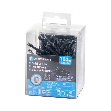 Aigostar - Guirlande lumineuse LED extérieure 100 LED/8 fonctions 3xAA 5,3 m IP44 blanc froid