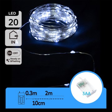 Aigostar - Guirlande lumineuse 20 LED / 3x AA, 2,3 m, blanc froid