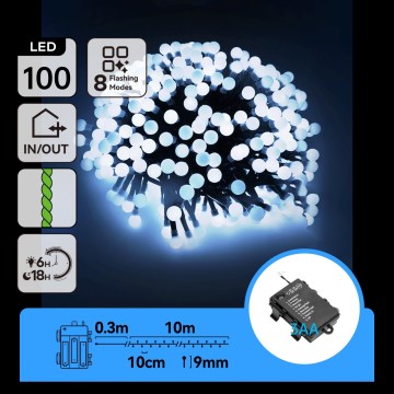 Aigostar - Guirlande lumineuse de Noël extérieure LED, 100 LED/8 fonctions, fonctionne avec 3 piles AA, 10,3 m, IP44, blanc froid