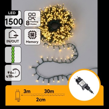 Aigostar - Guirlande lumineuse de Noël LED d'extérieur 1500xLED/8 fonctions 33m IP44 blanc chaud