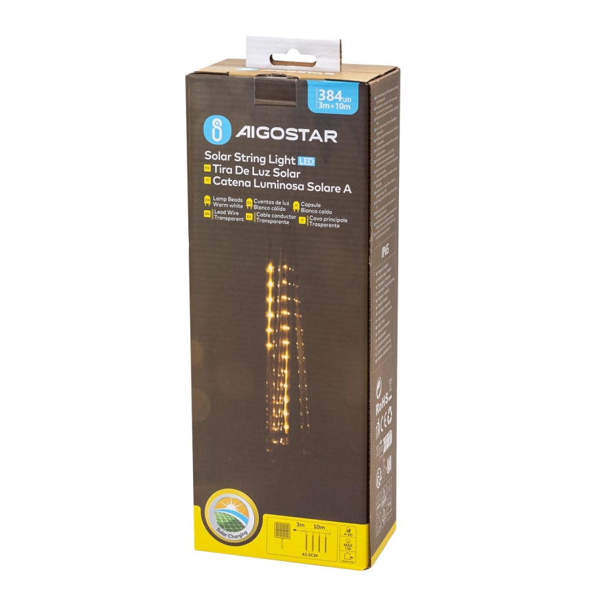Aigostar - Guirlande de Noël solaire à LED, 384 LEDs, 13 m, 1200 mAh, IP65, blanc chaud