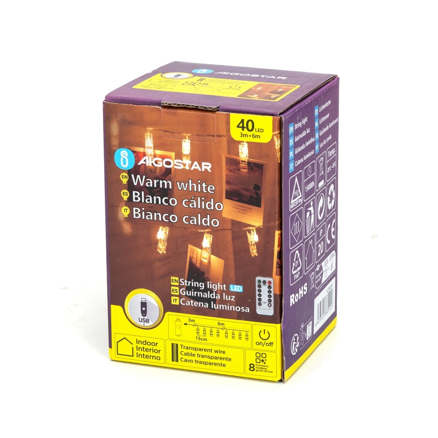 Aigostar - Guirlande lumineuse décorative 40xLED/5W/USB 9 m blanc chaud