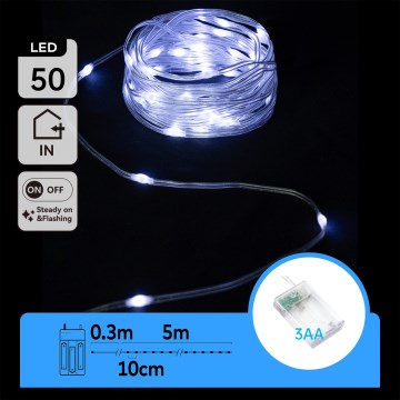 Aigostar - Guirlande lumineuse LED 50 LED, 3x AA, 5,3 m, blanc froid