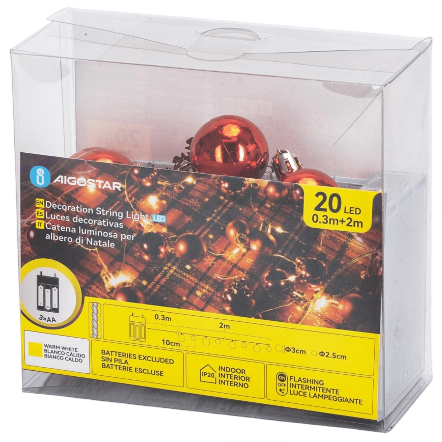 Aigostar - Guirlande lumineuse LED de Noël 20xLED/3xAA 2 m blanc chaud