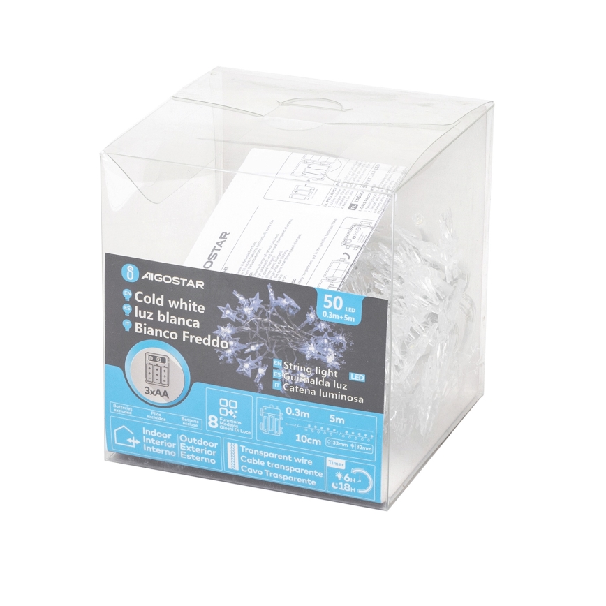 Aigostar - Guirlande lumineuse de Noël LED d'extérieur 50 LED / 8 fonctions / alimentation 3x AA / 5 m / IP44 / blanc froid / étoiles