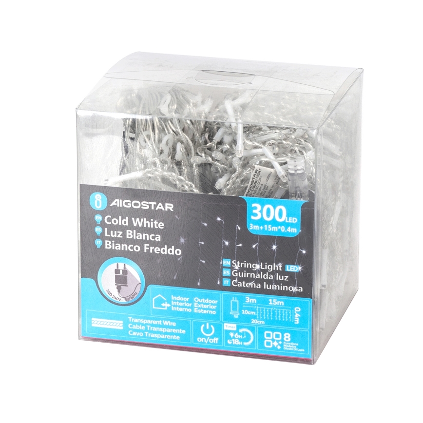 Aigostar - Guirlande lumineuse LED d'extérieur pour Noël 300xLED/6W/230V/8 fonctions 15x0,4m IP44 blanc froid
