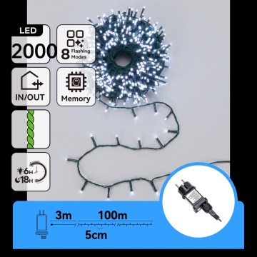 Aigostar - Guirlande lumineuse LED de Noël pour l'extérieur 2000xLED/8 fonctions 103m IP44 blanc froid