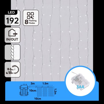 Aigostar - Guirlande lumineuse LED d'extérieur 192xLED/8 fonctions 3xAA 4,5x1,2m IP44 blanc froid