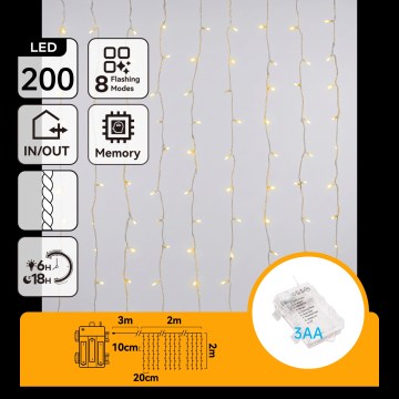 Aigostar - Guirlande lumineuse LED d'extérieur 200xLED/8 fonctions 3xAA 5x2m IP44 blanc chaud