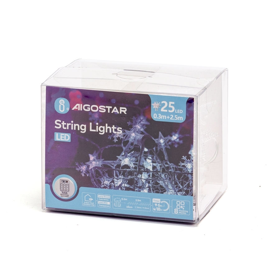 Aigostar - Guirlande de Noël LED extérieure 25 LED/8 fonctions 3xAA 2,5 m IP44 blanc froid