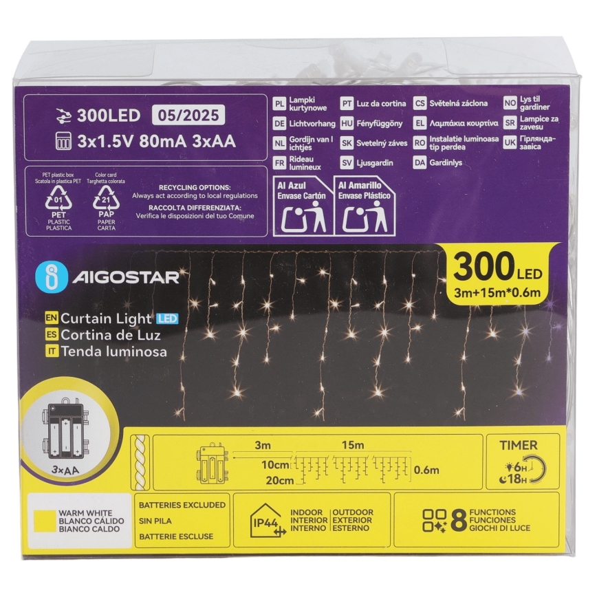 Aigostar - Guirlande de Noël LED d'extérieur 300xLED/8 modes 3xAA 18x0,6 m IP44 blanc chaud