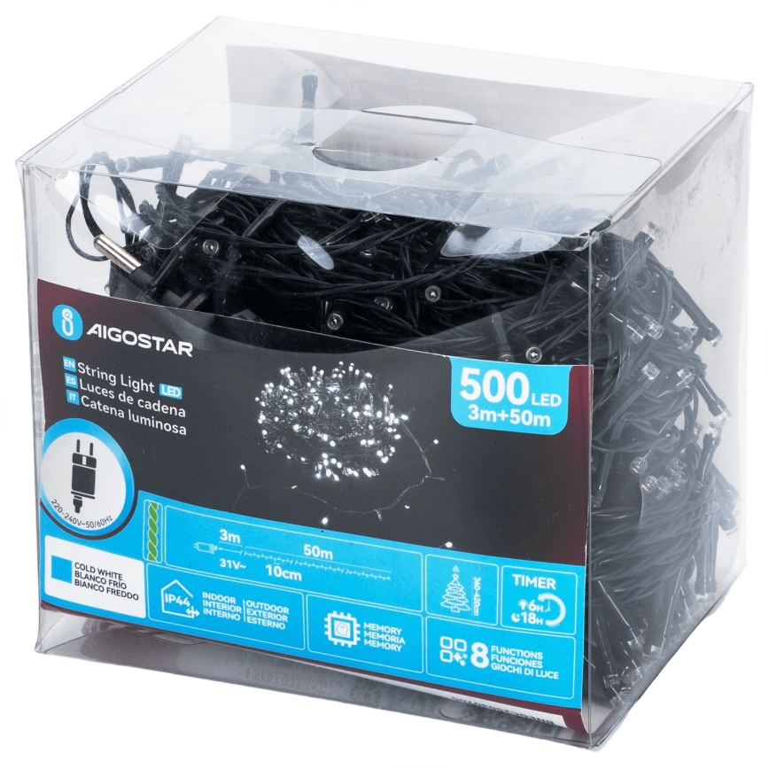 Aigostar - Guirlande lumineuse LED d'extérieur pour Noël, 500 LED, 8 modes, 53 m, IP44, blanc froid