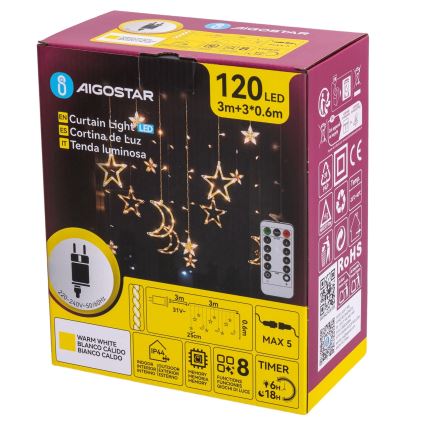 Aigostar - Guirlande de Noël LED extérieure 120xLED/6W/230V/8 fonctions 3x0,6m IP44 blanc chaud + télécommande
