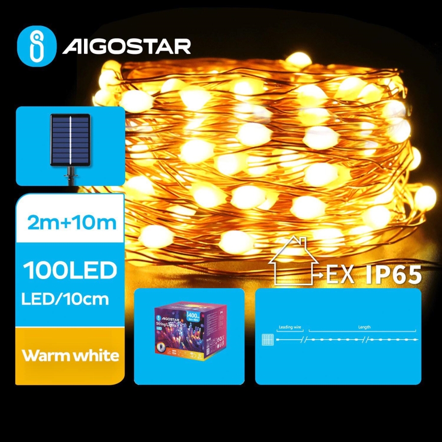 Aigostar - Guirlande solaire de Noël 100xLED/8 fonctions 12m 800 mAh IP65 blanc chaud