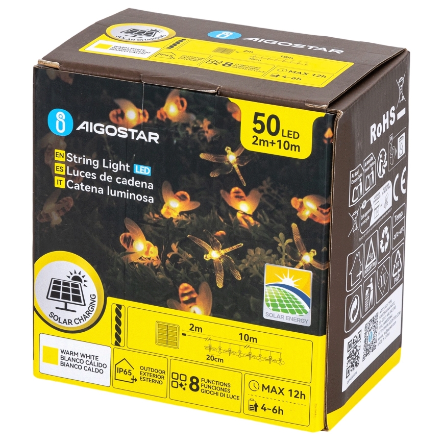 Aigostar - Guirlande solaire décorative à LED 50 LED / 8 fonctions 10 m 800 mAh IP65 blanc chaud