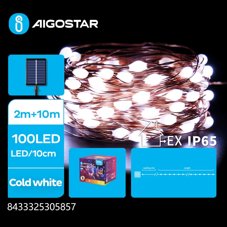 Aigostar - Guirlande solaire LED de Noël 100 LED/8 fonctions 12m IP65 800 mAh blanc froid