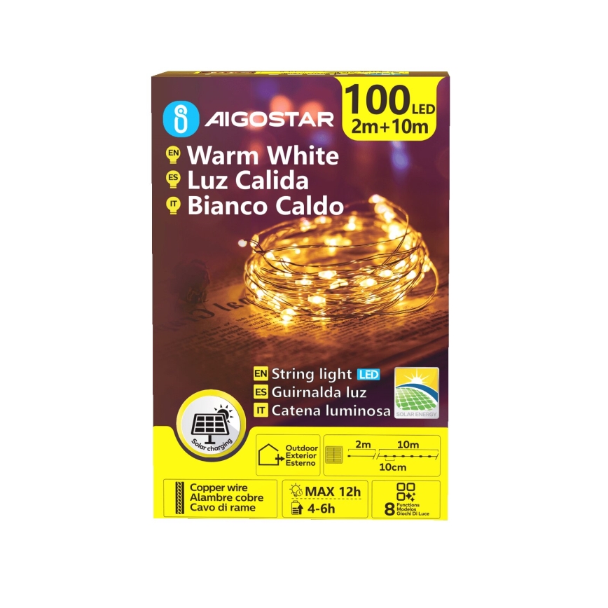 Aigostar - Guirlande de Noël solaire à LED, 100 LED / 8 fonctions, 12 m, 800 mAh, IP65, blanc chaud