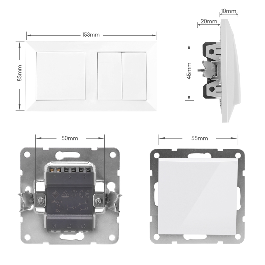 Aigostar - Interruttore doppio n. 6+6 e interruttore singolo n. 1 con cornice bianca