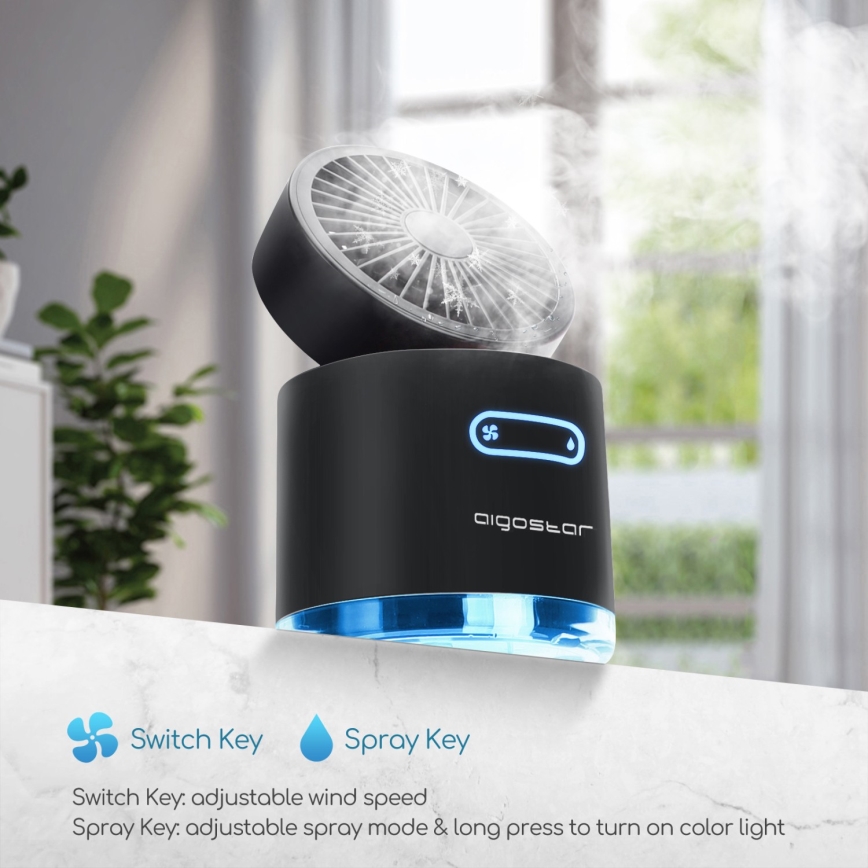 Aigostar - RGB Kabelloser Mini-Tischventilator mit Nebeleffekt MIST 10W/5V schwarz