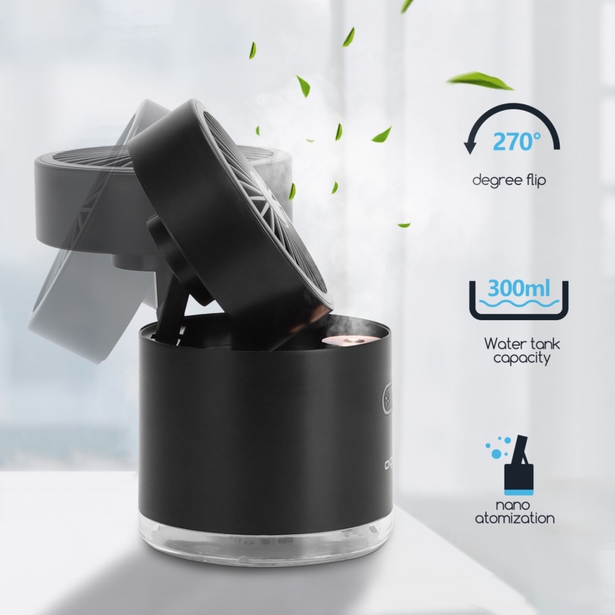 Aigostar - RGB Kabelloser Mini-Tischventilator mit Nebeleffekt MIST 10W/5V schwarz