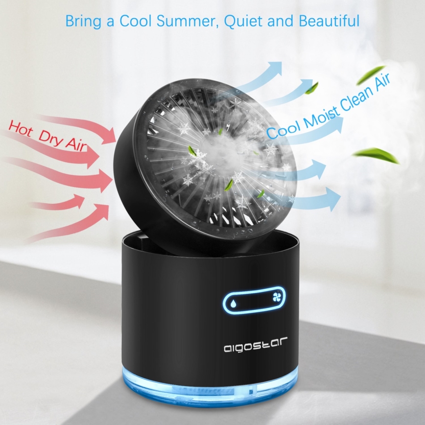 Aigostar - RGB Kabelloser Mini-Tischventilator mit Nebeleffekt MIST 10W/5V schwarz