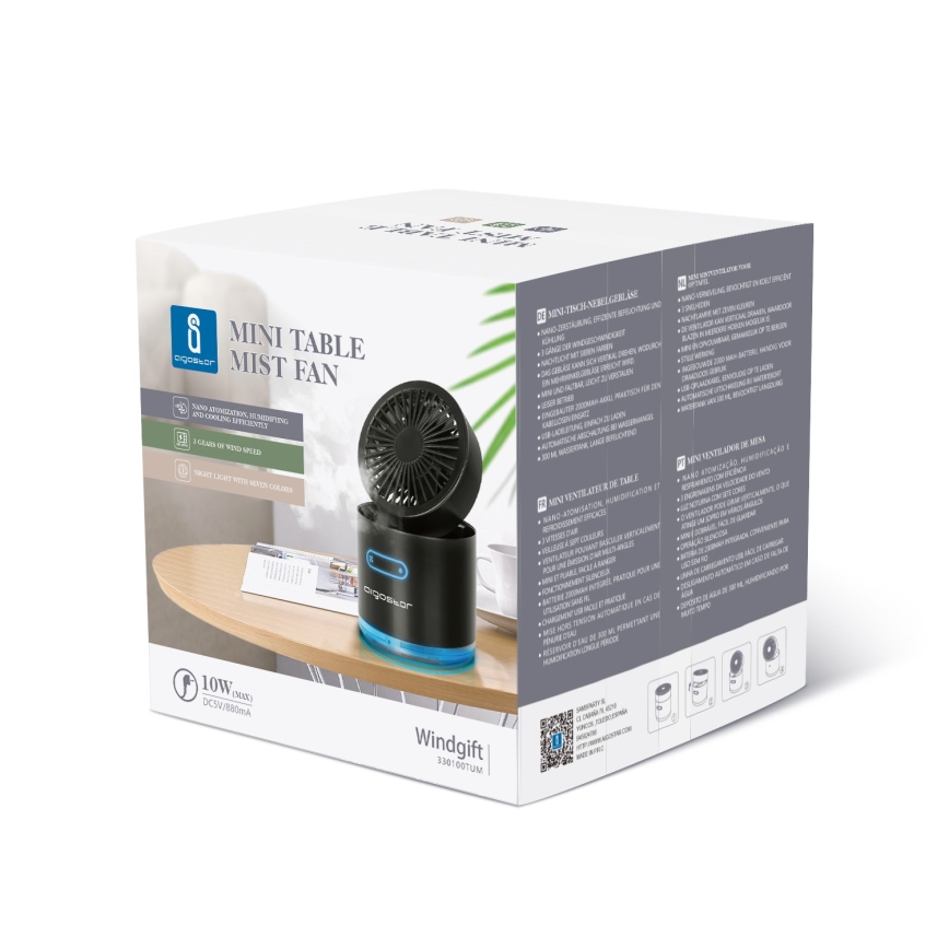 Aigostar - RGB Kabelloser Mini-Tischventilator mit Nebeleffekt MIST 10W/5V schwarz