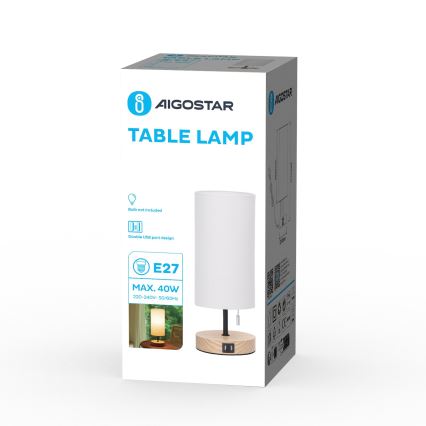 Aigostar - Lampada da tavolo con porta USB 1xE27/40W/230V beige