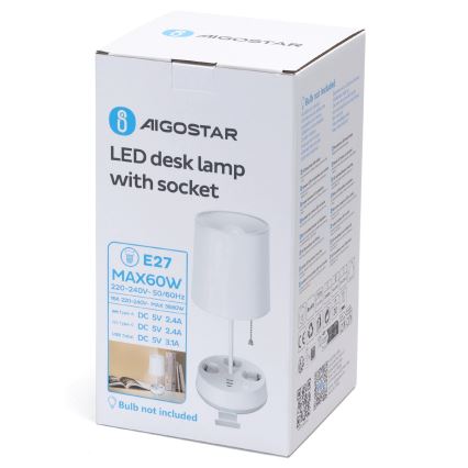Aigostar - Lampada da tavolo con prese di corrente e porte USB 1xE27/60W/230V bianca