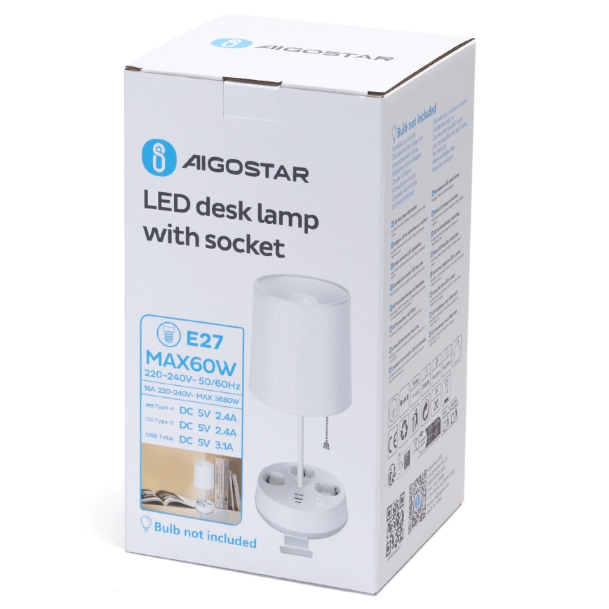 Aigostar - Lampada da tavolo con prese di corrente e porte USB 1xE27/60W/230V bianca