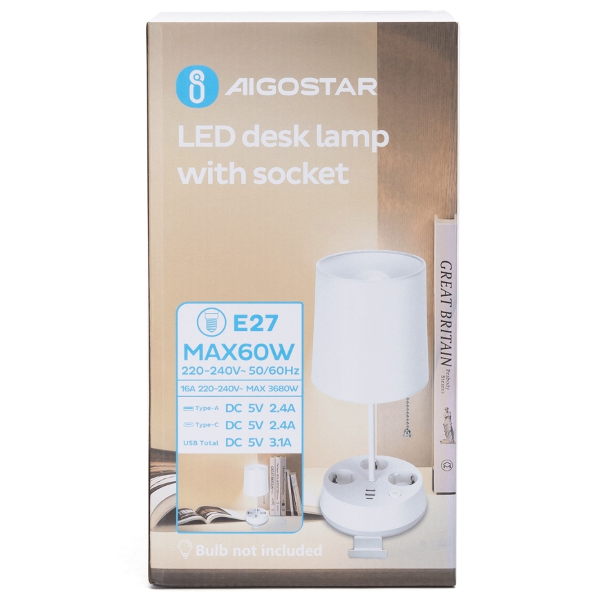 Aigostar - Lampada da tavolo con prese di corrente e porte USB 1xE27/60W/230V bianca