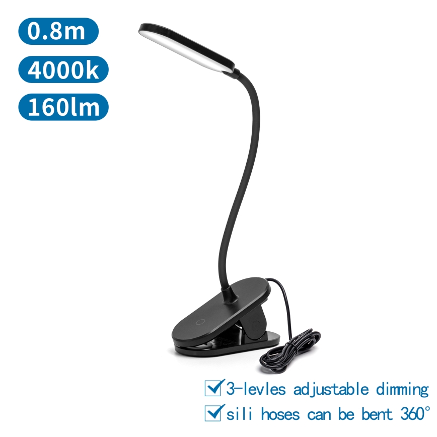 Aigostar - Lampada da tavolo LED dimmerabile con clip LED/2,5W/5V nero