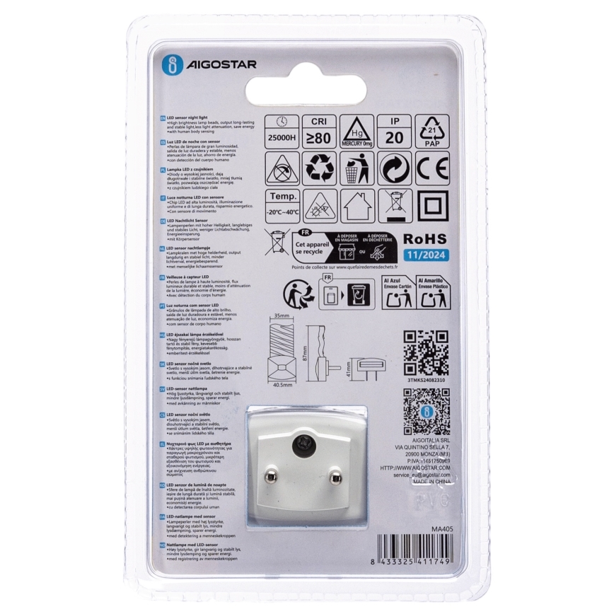 Aigostar - LED Luce notturna con sensore crepuscolare LED/0,2W/230V 3000K