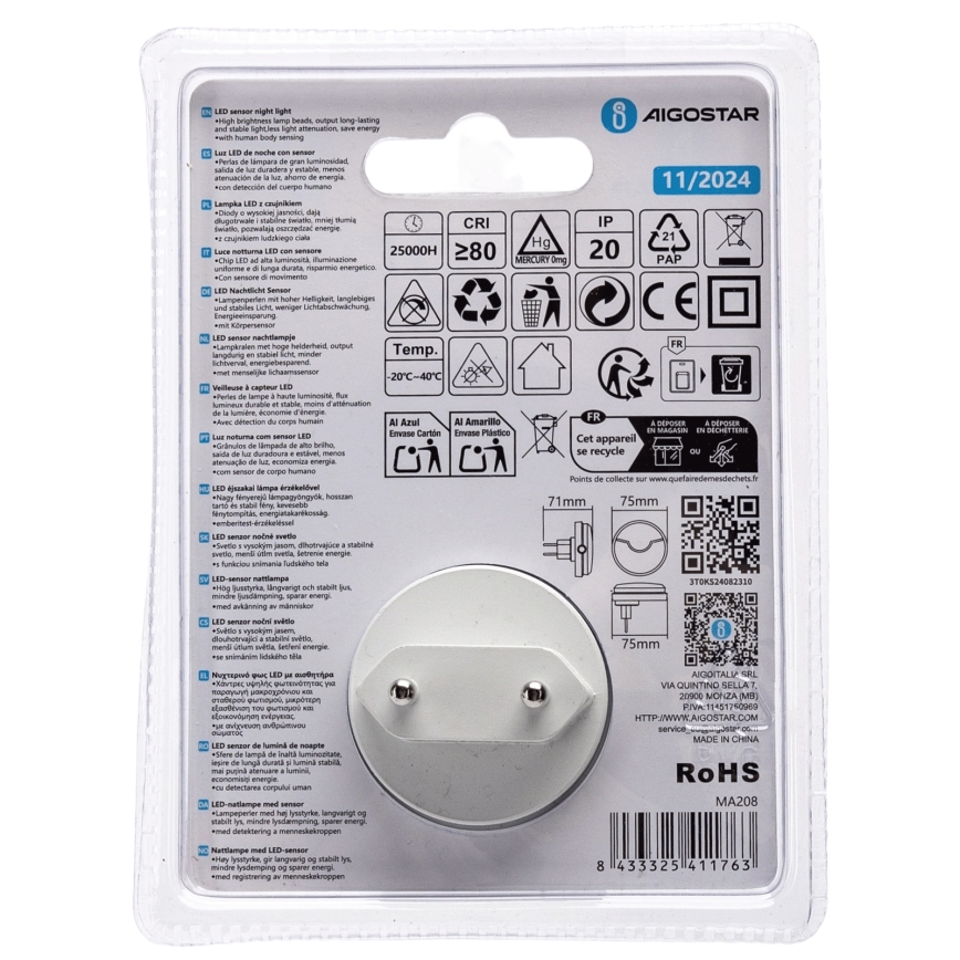 Aigostar - LED Luce notturna con sensore crepuscolare LED/0,5W/230V 3000K