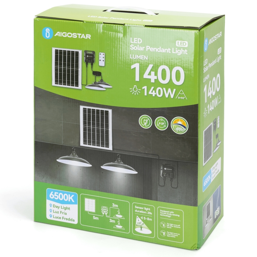 Aigostar - Lampada solare a LED con sensore 2xLED/70W/12V 12000 mAh 6500K IP65 Ø 23,5 cm + telecomando