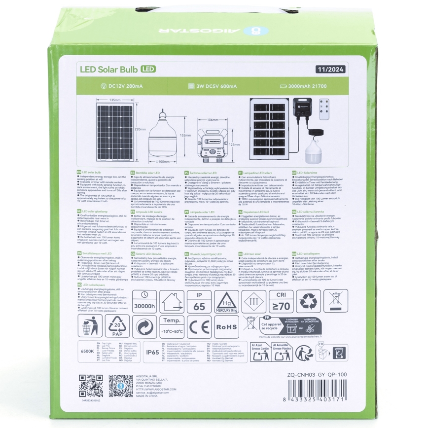 Aigostar - Lampada solare LED con sensore, 35W/12V, batteria 3000 mAh, 6500K, IP65, Ø 10 cm + telecomando
