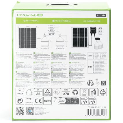 Aigostar - Lampadario solare LED 2xLED/70W/12V 12000 mAh 6500K IP65 Ø 12 cm + telecomando