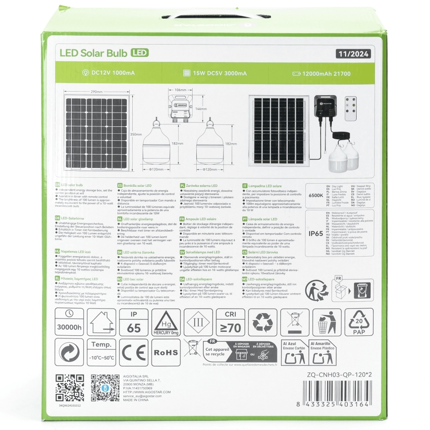 Aigostar - Lampadario solare LED 2xLED/70W/12V 12000 mAh 6500K IP65 Ø 12 cm + telecomando