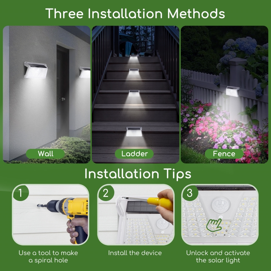 Aigostar - Lampada solare LED da esterno con sensore LED/2,4W/5V 1200 mAh IP65