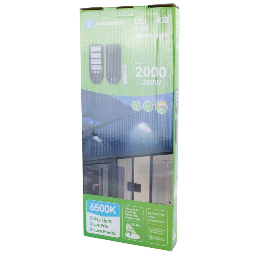 Aigostar - Lampada stradale solare LED con sensore LED/200W/3,2V 12000mAh IP65 6500K + telecomando