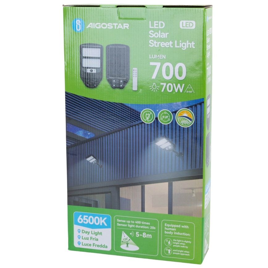 Aigostar - Lampada stradale solare LED con sensore LED/70W/3,2V 4000mAh IP65 6500K + telecomando